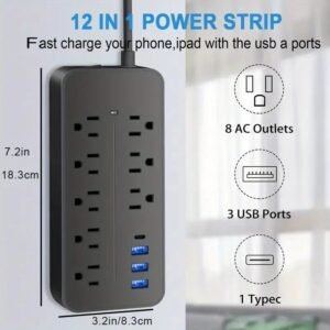 Power Strip, Surge Protector With 8 AC Outlets & 3 USB & 1 Type-C Ports, Angled Flat Plug