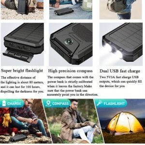 10000mAh Waterproof Solar Mobile Power Bank with Built-in Compass & Hook