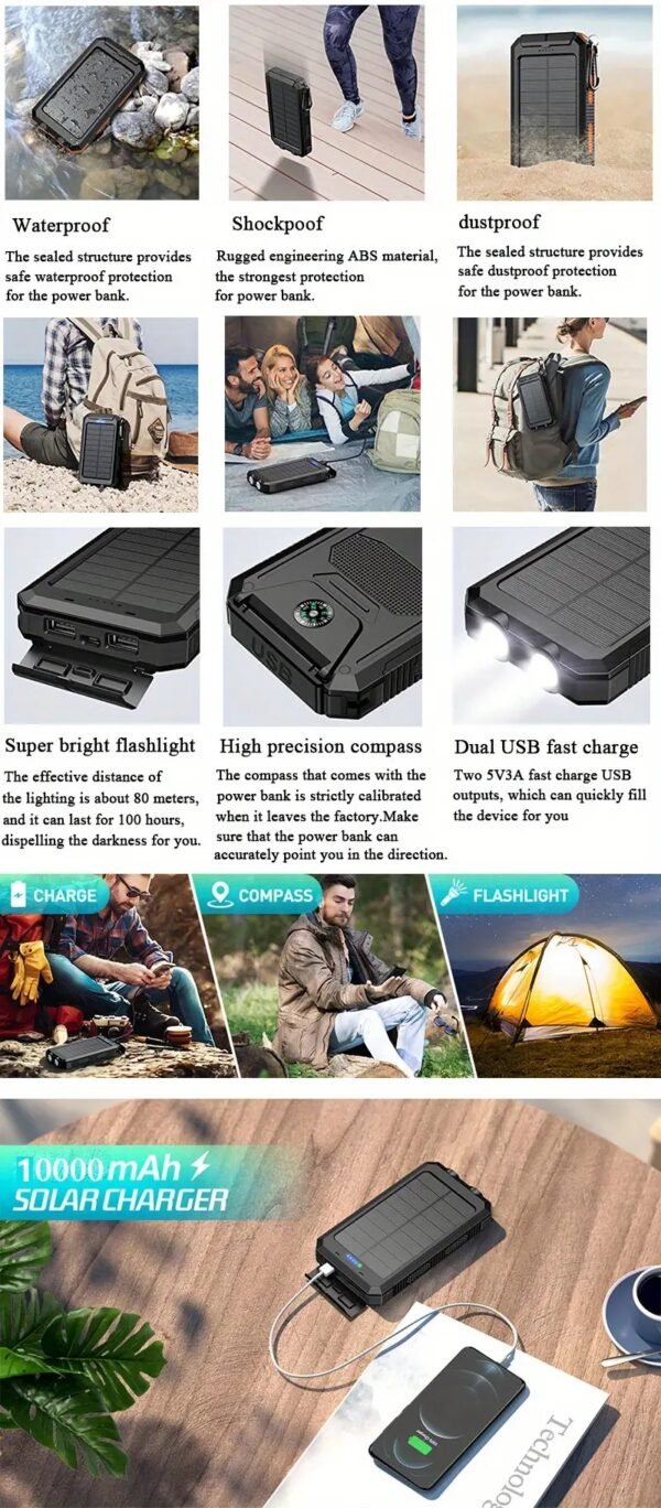 10000mAh Waterproof Solar Mobile Power Bank with Built-in Compass & Hook - Image 10